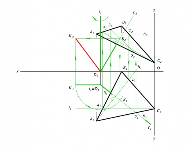 Дана плоскость треугольника АВС и точка D. Требуется определить расстояние от точки D до плоскости заданной треугольником АВС способом вращения