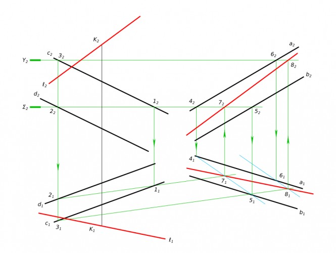 Построить линию пересечения плоскостей, через точку К провести прямую параллельную обеим плоскостям