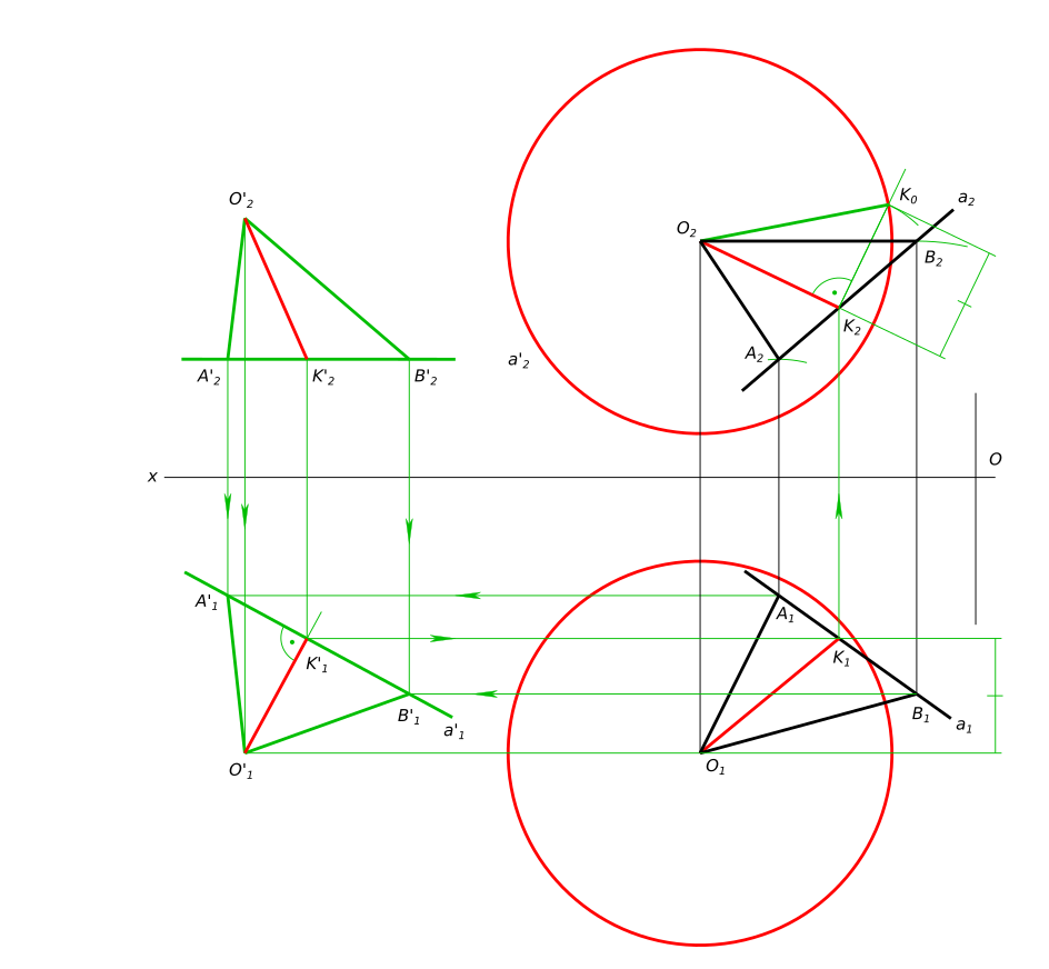 Построить сферу с центром в точке О, касательную к прямой а. Построить проекции точки касания. Решать способом плоско параллельного перемещения. О(70;70;60) А(50;30;30) B(15;55;60)