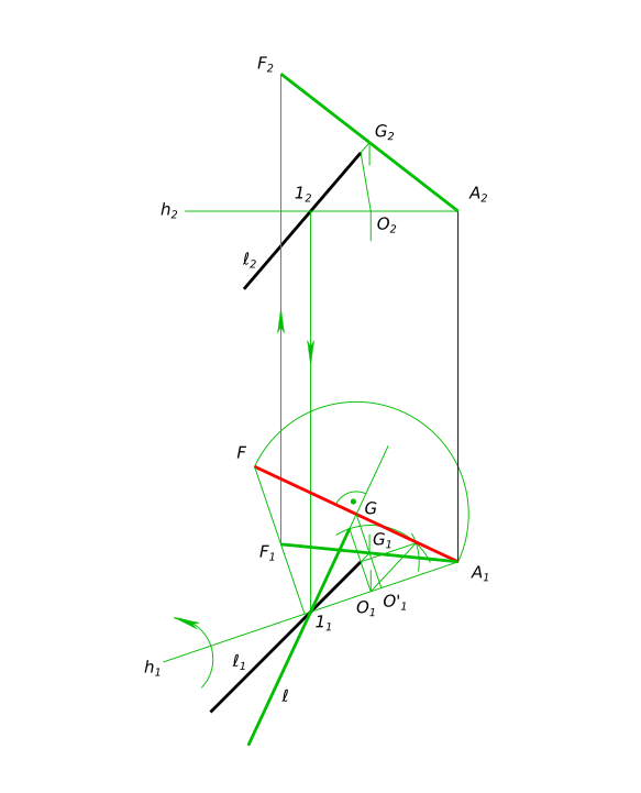 Построение точки F, симметричной точке А относительно прямой l. Определение натуральной величины отрезка FА