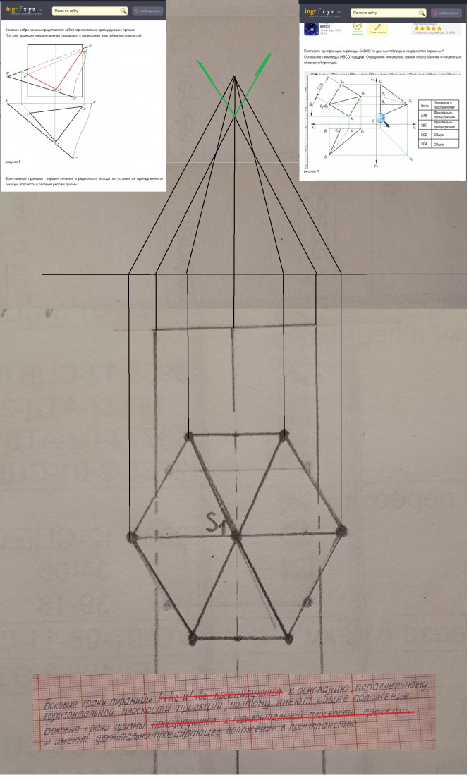 Построить линию пересечения правильной шестиугольной пирамиды с трёхгранной призмой