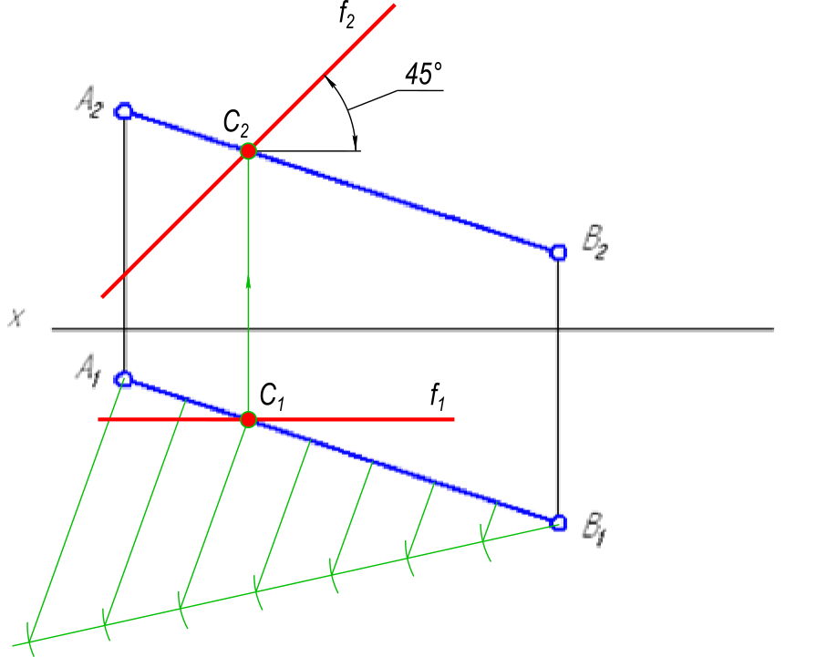 Через точку C делящую отрезок AB в отношении 2:5 провести прямую параллельную плоскости П2 и наклоненную к плоскости проекций П1 под углом 45°