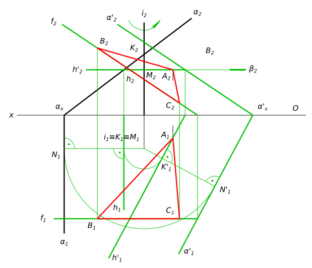 Повернуть плоскость α вокруг оси I до совмещения с точкой A. Новое положение плоскости задать тремя точками