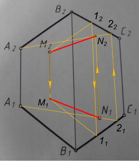 По заданным проекциям точек M(..., M2) и N(N1, ...) построить отрезок MN, принадлежащий плоскости Г(AB ∩ BC)