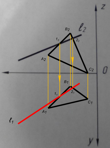 Построить плоскость Σ, заданную координатами ее точек A (55, 40, 20), B(30, 15, 45), C(10, 30, 0). Построить горизонтальную проекцию прямой ℓ, принадлежащей плоскости Σ.