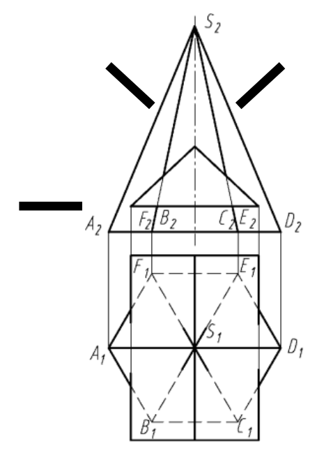 Линия пересечения поверхностей пирамиды ABCDEF и призмы