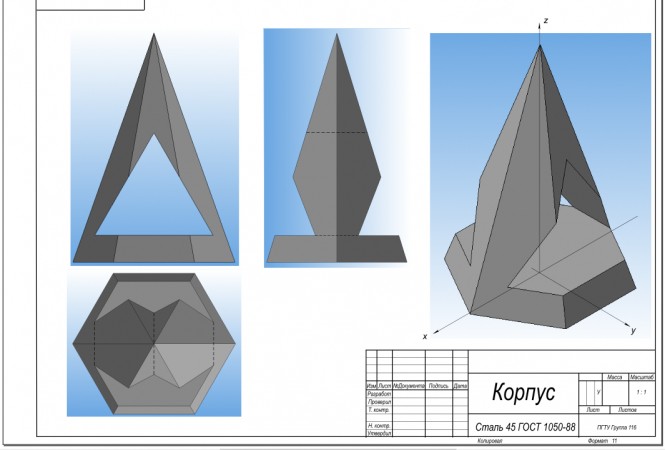 Построить линию пересечения поверхностей пирамиды ABCDEF и призмы