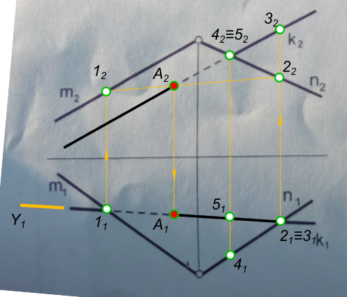 Построить точку пересечения прямой k с плоскостью (m ∩ n). Определить видимость прямой.