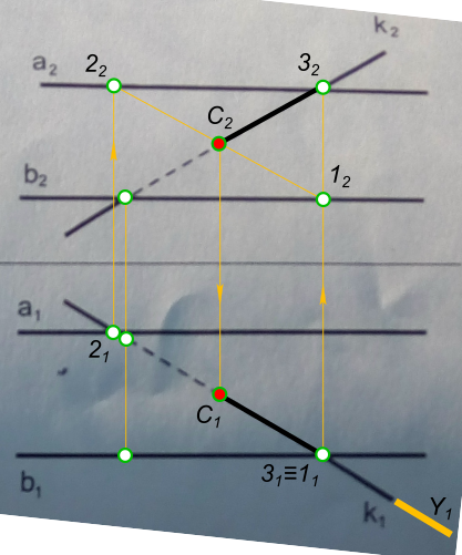 Построить точку пересечения прямой k с плоскостью (a ‖ b). Определить видимость прямой.