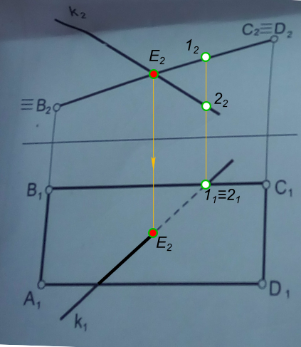 Построить точку пересечения прямой k с плоскостью прямоугольника ABCD. Определить видимость прямой.