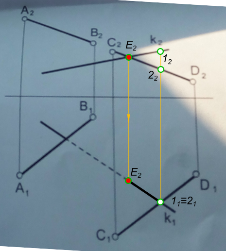 Построить точку пересечения прямой k с плоскостью (AB ‖ CD). Определить видимость прямой.