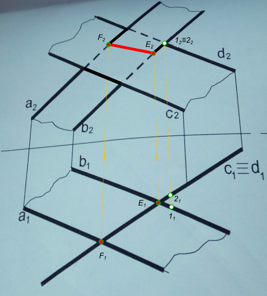 Построить линию пересечения плоскостей α(a ‖ b) и β(c ‖ d) . Определить видимость.