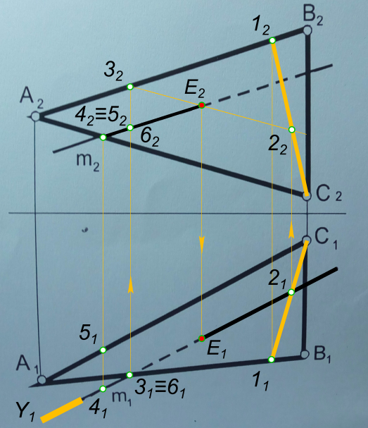 Построить точку пересечения прямой m с плоскостью ∆ABC. Определить видимость прямой.
