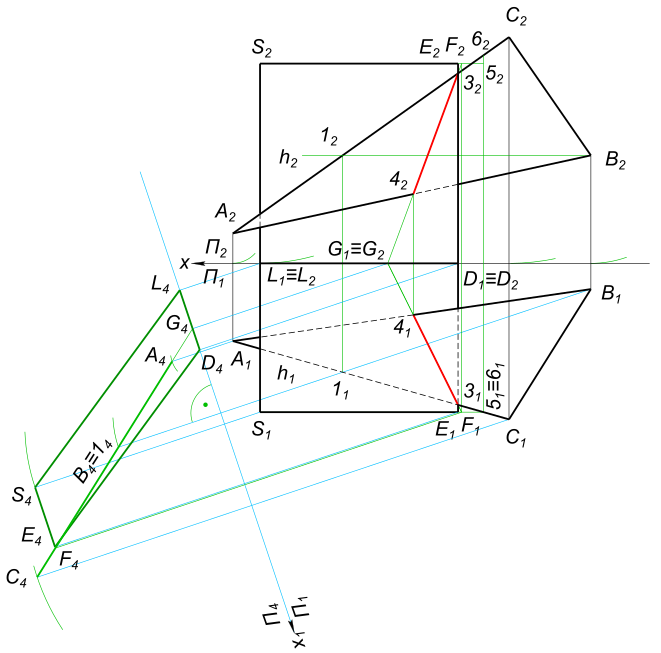Найти линию пересечения двух плоскостей заданных проекциями геометрических фигур. Определить видимость отрезков на пл. П1 и П2