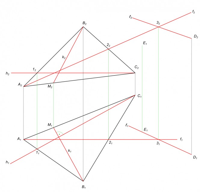 В плоскости Σ(ABC) построить горизонталь, фронталь и линию наибольшего ската. Через точку D провести прямую ℓ пересекающую фронталь. Построить точку под прямой ℓ.