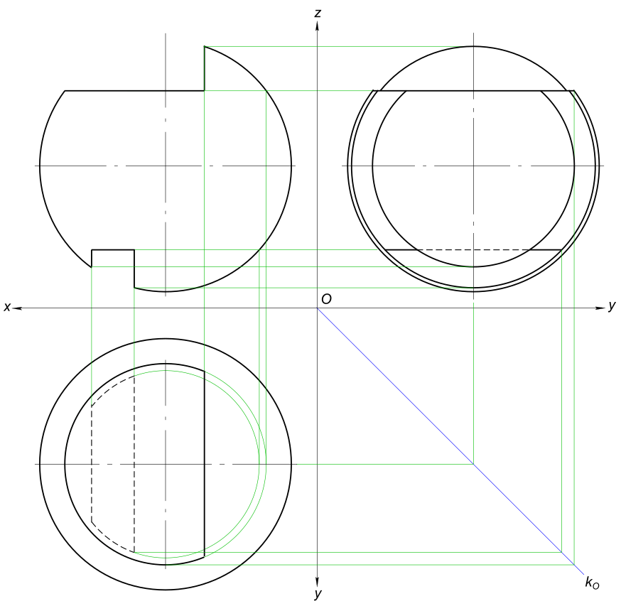 Построение выреза. Построить три проекции усеченной сферы. Сфера с вырезом в 3 проекциях. Построить три проекции сферы с вырезом. Сфера с вырезом Начертательная геометрия.