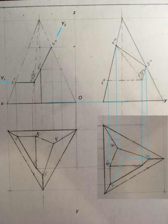 Построение третьей (профильной) проекции пирамиды