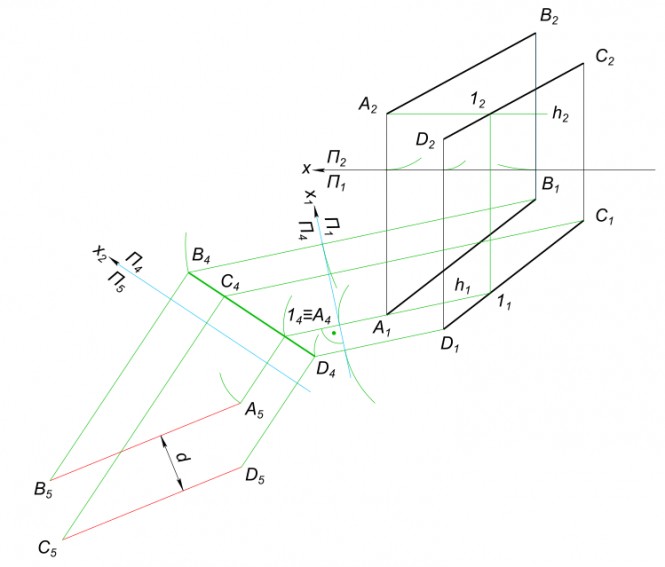 Методом замены плоскостей проекций определить расстояние между двумя параллельными прямыми