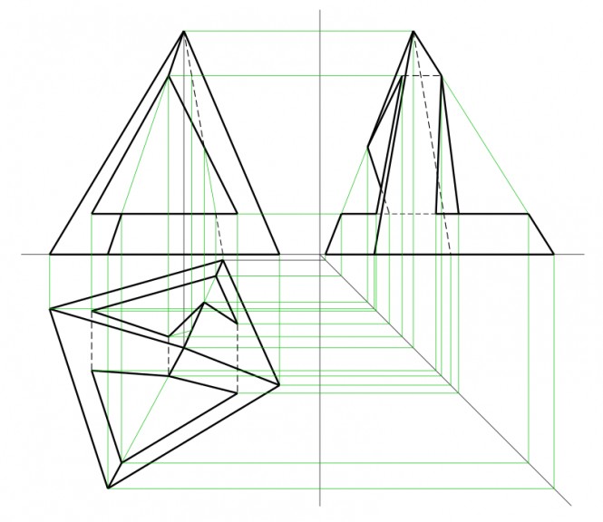 Построение трех проекций пирамиды с вырезом