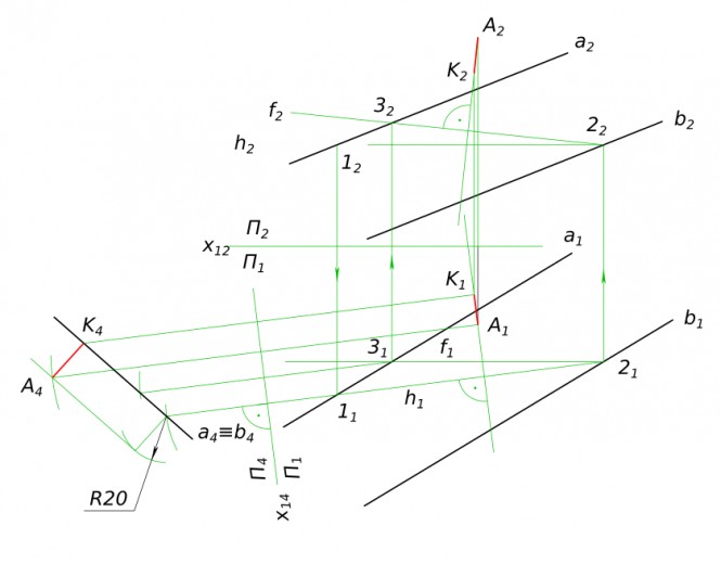 Построить недостающую проекцию точки A, если она удалена от плоскости q(a//b) на расстоянии 20 мм