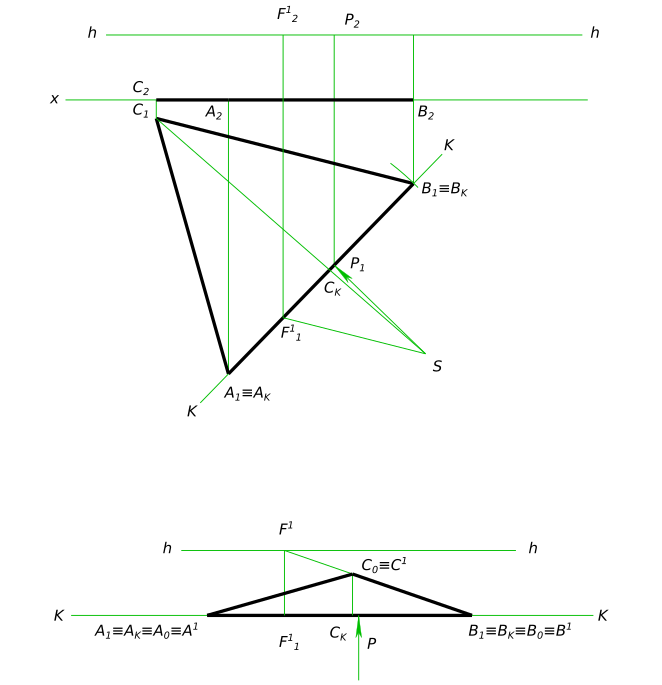 Построить перспективу равностороннего треугольника со сторонами в предметной плоскости.