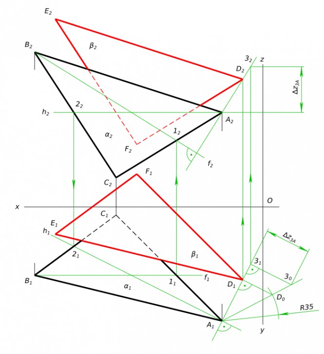Построить плоскость, параллельную плоскости, заданной треугольником ABC, и отстоящую от нее на 35 мм A(25;70;58)B(140;42;95)C(90;5;18)