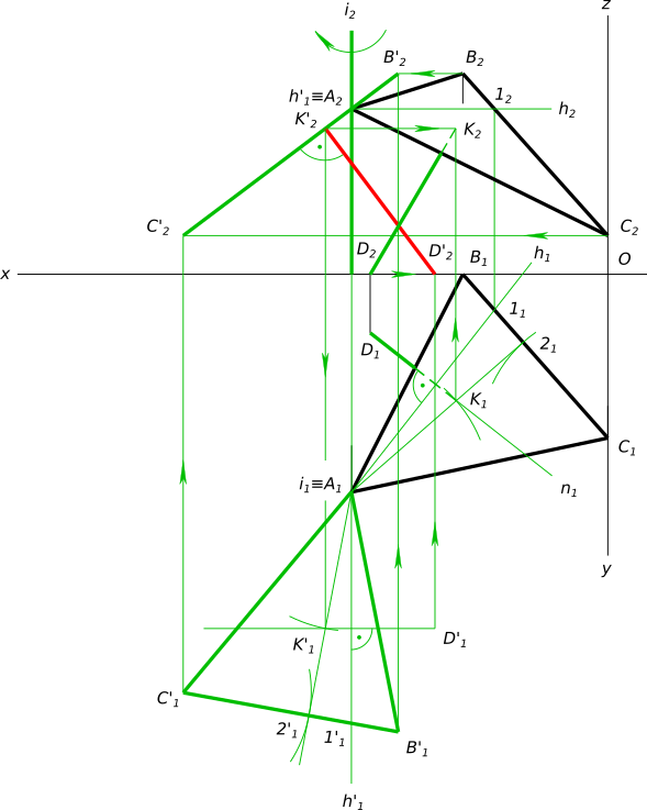 Дана плоскость треугольника АВС и точка D. Требуется определить расстояние от точки D до плоскости заданной треугольником АВС способом вращения
