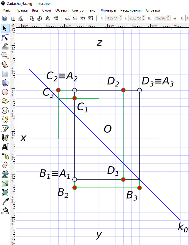 Построить проекции точек b, c, d симметричных точке a 15.25.30 относительно плоскостей П1, П2, П3 соответственно