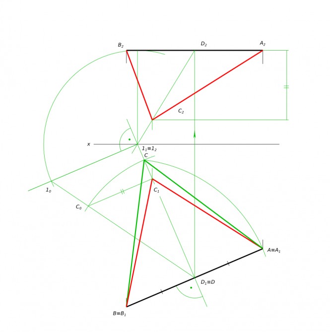 Построить равносторонний треугольник если его основание - отрезок ab //п1, а направление высоты происходит через ось проекции x12