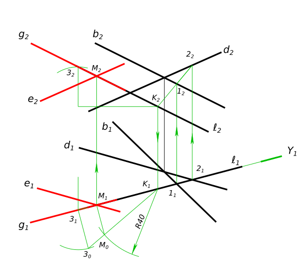 Построить плоскость параллельную заданной двумя пересекающимися прямыми b и d так,  чтобы отрезок прямой ℓ, заключенный между плоскостями, имел длину 40 мм.