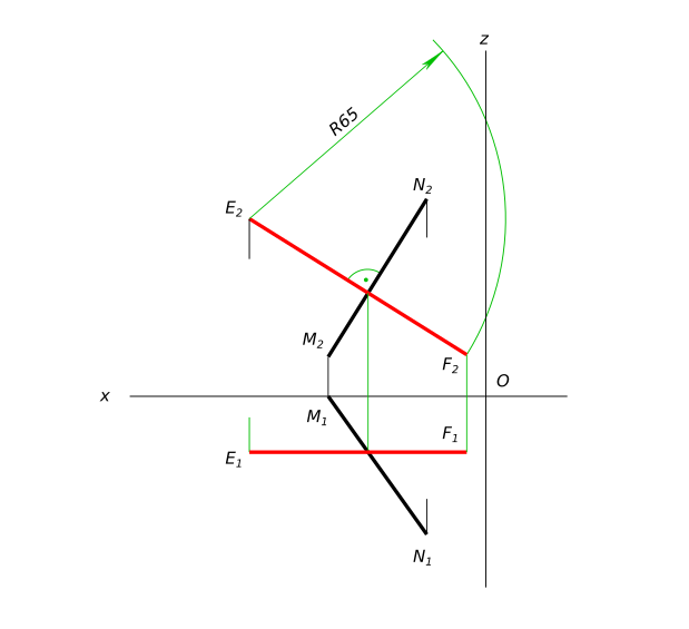 Через точку e(60,?,45)провести отрезок\ef\=65mm фронтальной прямой, пересекающей отрезок mn  под прямым углом. m(40,0,10) ;n(15,35,50).