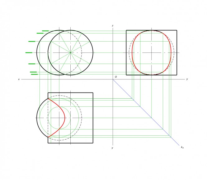 Построить проекции линии пересечения двух тел (сферы и цилиндра)