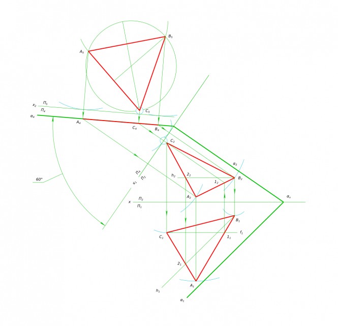Построить равносторонний треугольник наклоненный к фронтальной плоскости проекций под углом 60°