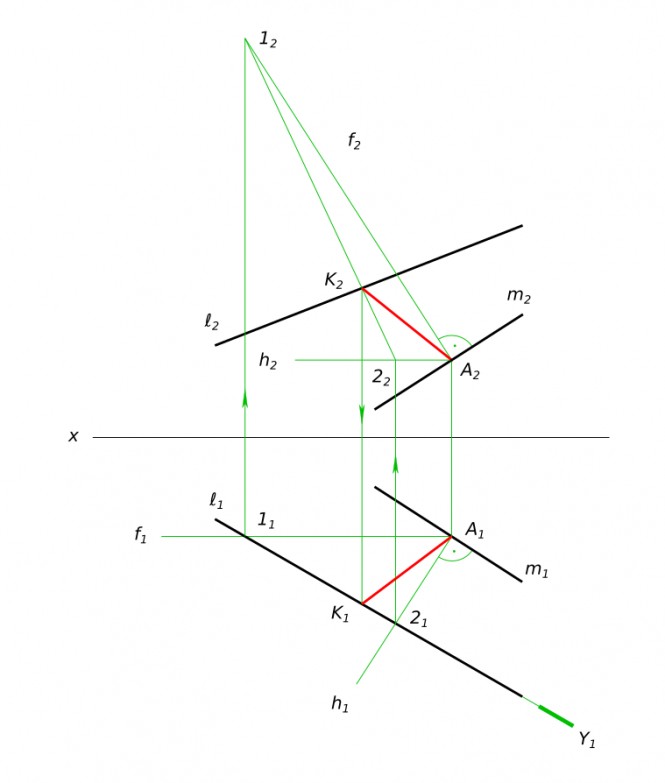 Провести перпендикуляр прямой m из ее точки А до пересечения его с прямой I