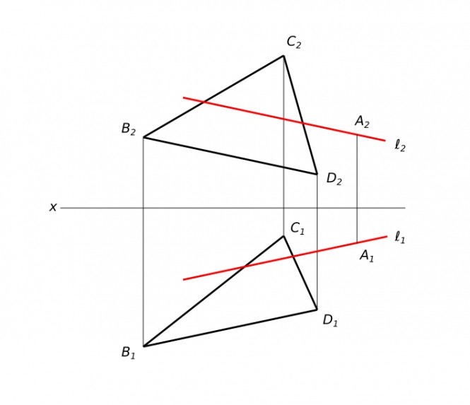 Построить проекции прямой I параллельной плоскости BCD