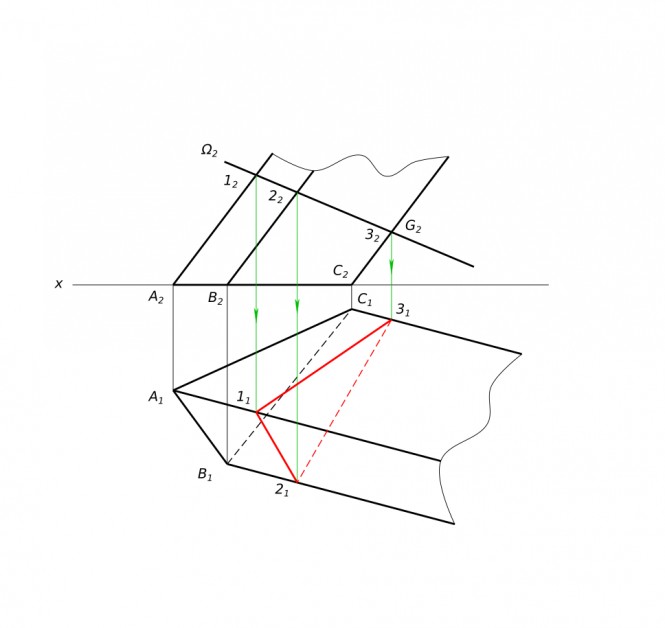 Построить линию пересечения поверхности наклонной призмы плоскостью Ω(Ω2)