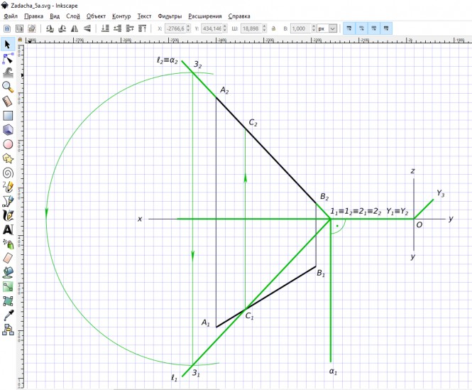 Найти точку на прямой, равноудаленную от плоскостей проекций П1 и П2