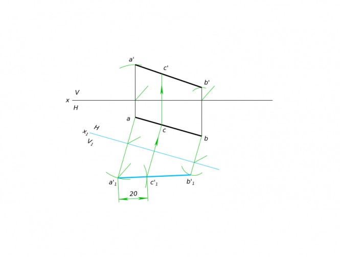 На прямой AB найти точку C, отстоящую от точки A на 20 мм (заменой плоскостей проекций)