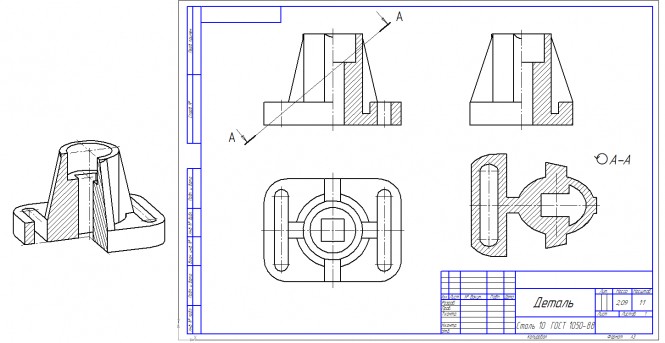 По предложенным изображениям построить три вида детали, выполнить необходимые разрезы (ГОСТ2.305), проставить размеры (ГОСТ2.307