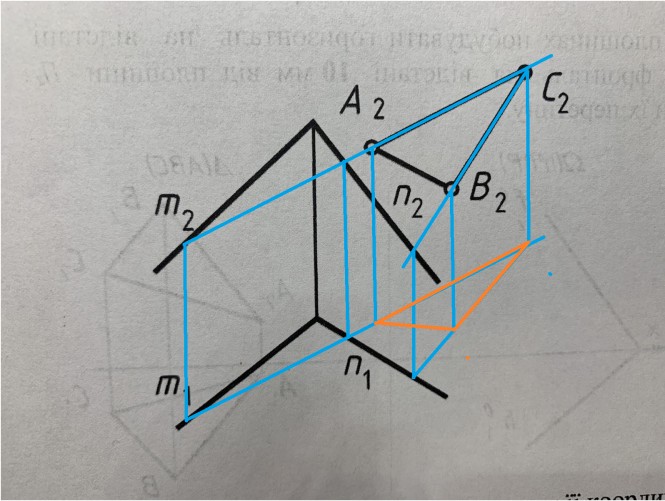 Построить горизонтальную проекцию треугольника АВС, который принадлежит плоскости Е(n∩m)