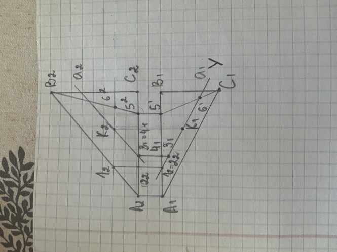 1. Проводим через прямую горизонтально-проецирующую плоскостьγ и отмечаем точки ее пересечения со сторонами треугольника. Точка пересечения стороны В-С на фронтальной плоскости проекций не определяется ввиду ее профильного положения. Заменив в плоскости треугольника сторону В-С на прямую общего положения С-5 , определяем вторую точку 6 линии пересечения плоскостей 2. Определяем в пересечении прямой а1 и линии пересечения плоскостей 1—6 искомую  точку K встречи прямой с плоскостью треугольника.