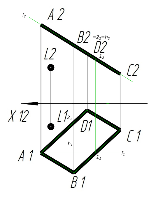 Через точку l построить перпендикуляр n к плоскости s. определить точку к, точку пересечения перпендикуляра n и плоскости s . построить точку м, симметричную точке l относительно плоскости s . определить видимость точек м , l