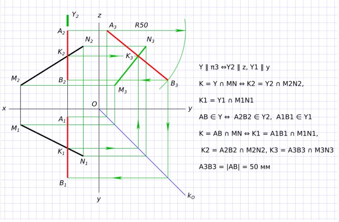 Через точку A(20, 5, 50) провести отрезок AB = 50мм профильной прямой пересекающей отрезок прямой MN. M(50, 10, 15), N(10, 30, 40)