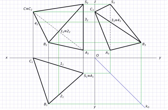 Построить проекции пирамиды SABC если вершина S удалена от плоскости проекций π3 на