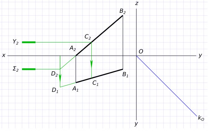 На прямой AB найти точки C и D, удаленные на 10 мм от плоскости π1: A(45; 20; 0), B(10; 10; 30)