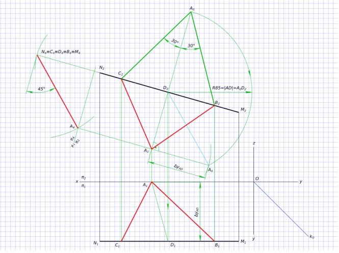 Построить проекции равностороннего треугольника ABC со стороной BC на прямой MN,  плоскость которого наклонена к фронтальной на 45°.  Если: его высота AD=85 мм,  M(15,100,70), N(155,100,110)