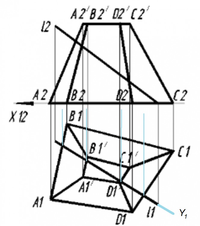 Построить точки пересечения прямой l с поверхностью. Определить видимость прямой и поверхности относительно плоскостей проекций
