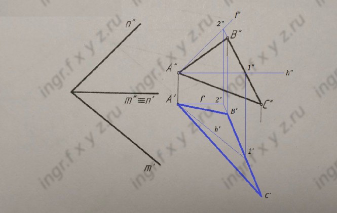 Построить горизонтальную проекцию треугольника ABC, плоскость которого параллельна плоскости δ(m,n)