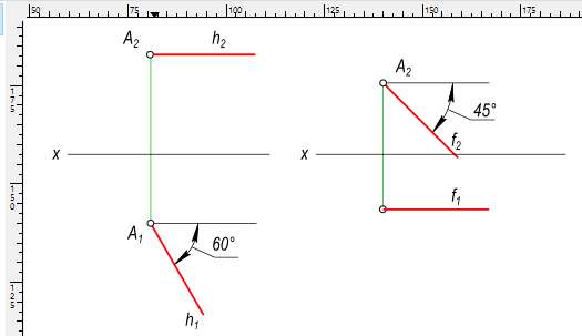 Через точку А проведены горизонталь h(h1, h2) и фронталь f(f1, f2)