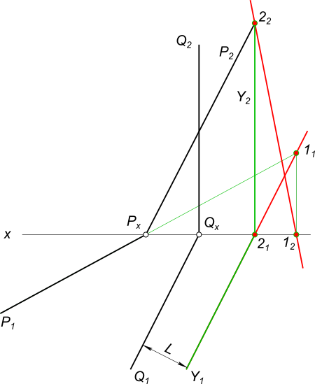 Построить геометрическое место точек на плоскости P(P1, P2) отстоящих от плоскости Q(Q1, Q2)на расстоянии L=40 мм.